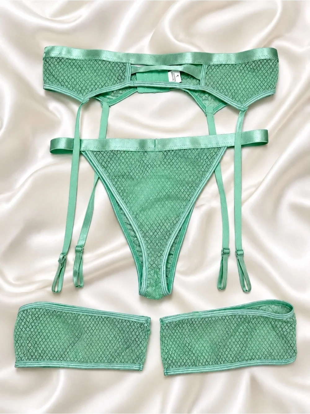 Mint Green Sheer Mesh Strappy Garter Lingerie Set Size Large